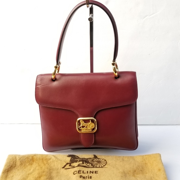 CELINE Vintage Rare Horse Carriage Burgundy Red Leather Top handle Classic Purse - Picture 8 of 16
